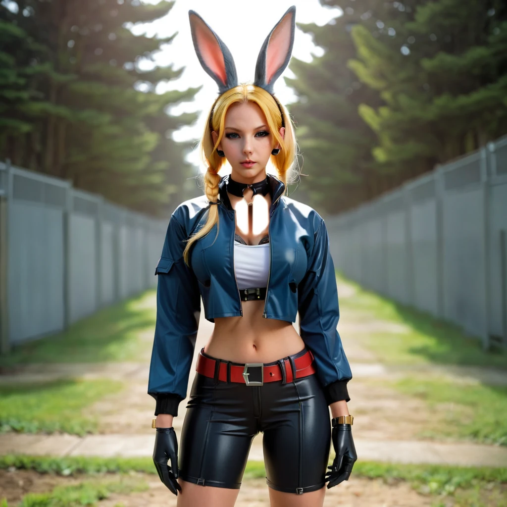 comic <lora:FFai.0036.Physiogenxl_V04.lora:1> cyber bunny solo, looking at viewer, long sleeves, 1girl, holding, animal ears, jewelry, closed mouth, standing, latex jacket, upper body, weapon, female focus, outdoors, open clothes, solo focus, belt, necklace, holding weapon, rabbit ears, blurry . graphic illustration, comic art, graphic novel art, vibrant, highly detailed