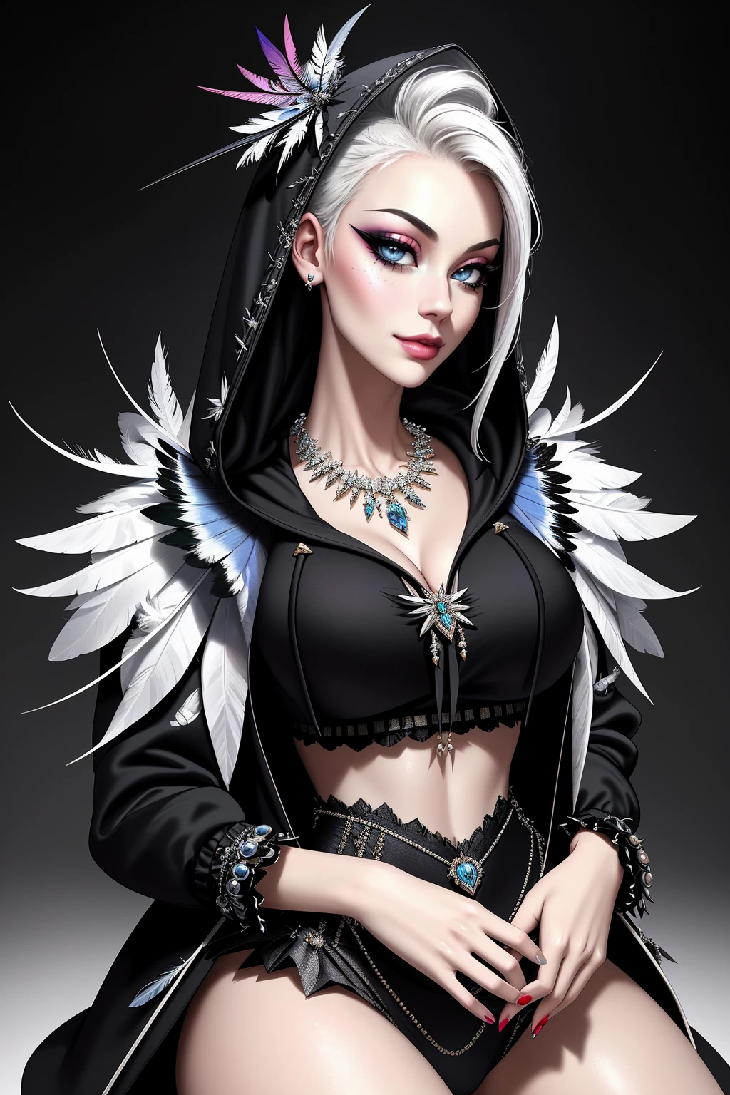 ((Masterpiece, best quality,edgQuality)),smirk,smug,
edgTM, a woman in a ((hoodie)) with frills,pearl necklace,((feathers)),
wearing edgTM_style fashion, eccentric clothing,
<lora:edgMuglerHoodies:1>