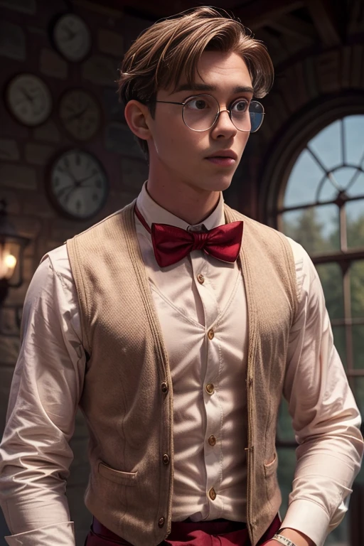milo_thatch, young man, short hair, brown hair, shirt, long sleeves, 1boy, bow, broad shoulders, muscular, white shirt, male focus, glasses, bowtie, vest, red bow, red bowtie, round eyewear, realistic, <lora:milo_thatch-50:0.55>, <lora:add_detail:1>