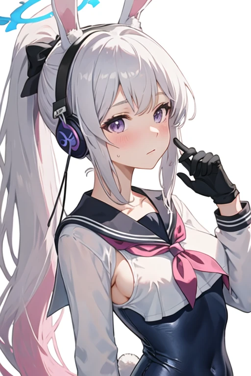 best quality, masterpiece, highres, solo, {miyako_bluearchive:1.15}, long_hair, halo, purple_eyes, white_hair, bangs, bow, blush, hair_bow, ponytail, swimsuit, one-piece_swimsuit, breasts, grey_hair, 1girl, animal_ears, fake_animal_ears, looking_at_viewer, neckerchief, rabbit_ears, school_uniform, white_sailor_collar, black_undershirt, closed_mouth, gloves, one_side_up, pink_neckerchief, sailor_collar, serafuku, two-tone_gloves, black_bow, simple_background, white_background, headphones, upper_body, black_gloves, blue_serafuku, long_sleeves, portrait