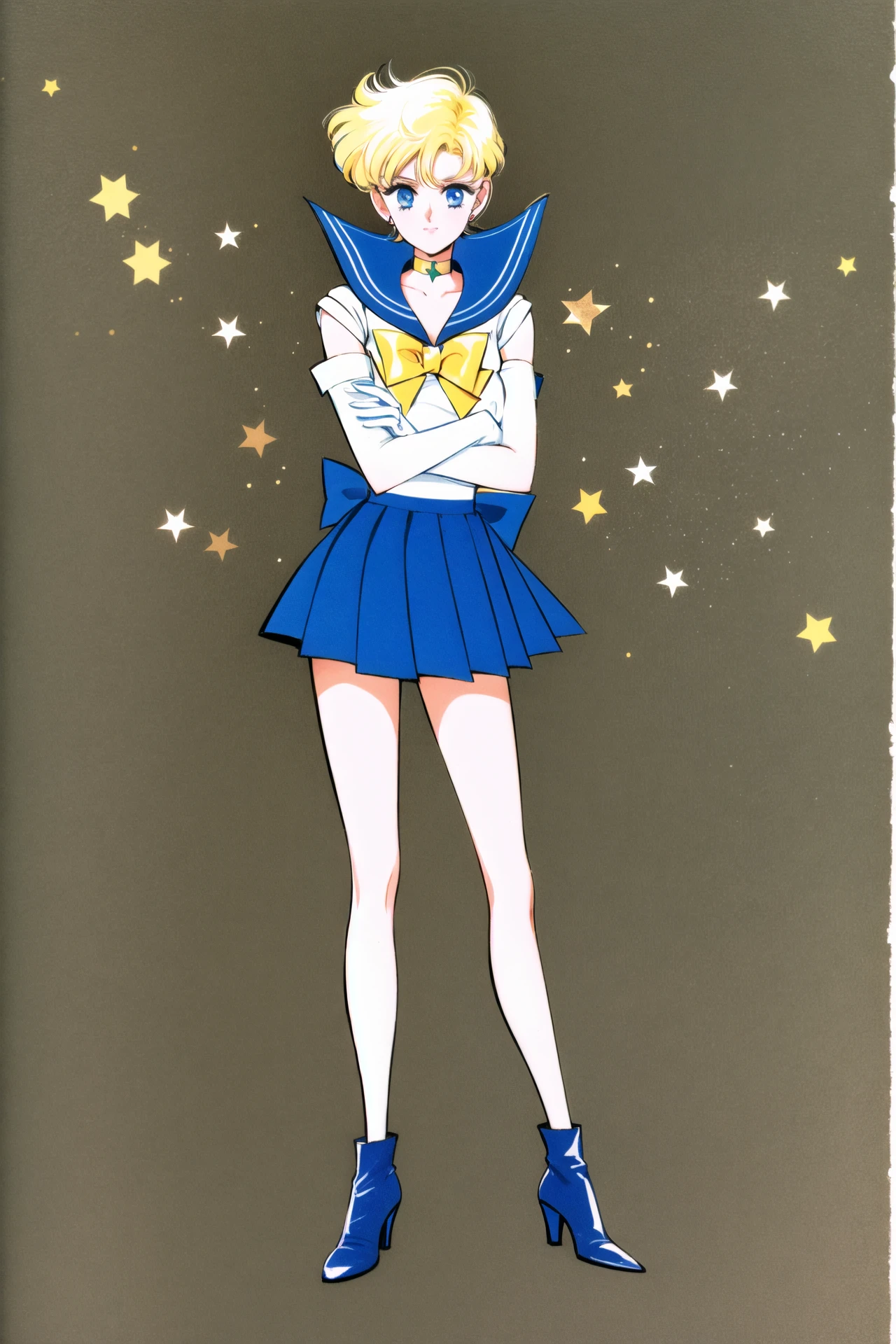 1girl, solo, short hair, sailor senshi uniform, skirt, blonde hair, ten'ou haruka, crossed arms, blue footwear, 1990s (style), bow, retro artstyle, magical girl, blue sailor collar, blue skirt, full body, boots, pleated skirt, sailor collar, standing, gloves, blue eyes, yellow bow, star (symbol), (very short hair:1.5), choker, back bow, looking at viewer, blue choker, high heels, miniskirt, blue bow, starry background,<lora:Takeuchi Naoko:0.8>