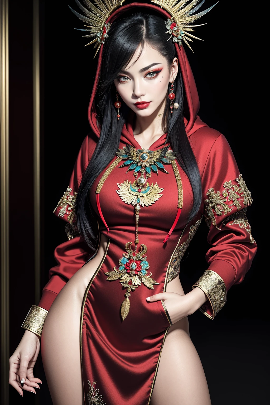 ((Masterpiece, best quality,edgQuality)),smirk,smug,
((hoodie)),edgTM,wearing edgTM_style fashion, eccentric clothing,
a woman in a red chinese dress with golden embroidery,pearl necklace,(feathers:1.1)
<lora:edgMuglerHoodies:1>