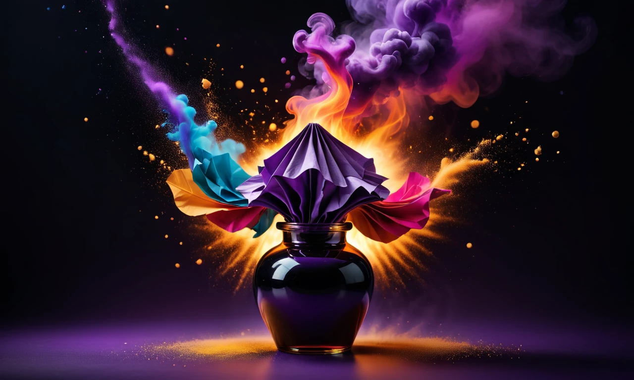 cinematic film still (Understandable Vector image:1.3) of (Masterpiece:1.3),(Energetic:1.3) a liquid alchemy background, art, bottle, hyperdetailed poison one humans, no holy scp painting with gradient potion bottle rendered spell made healing, gradient, realistic fire gem, liquid, potion, it, artifact concept, life, there oil, aura, magic still fire, is inside potions, jar, glowing hyper of health magical black, no humans <lora:protovisionXLHighFidelity3D_beta0520Bakedvae.FFai.lora:0.61> a brightly colored powder is sprinkled in a black background, colorful explosion, colourful explosion, color ink explosion, explosion of colors, explosion of color, an explosion of colors, color explosion, spectacular splatter explosion, splashes of colors, philosophical splashes of colors, explosive colors, splashes of color, beautiful art uhd 4 k, color dispersion, colorful, abstract, paint splatter, black background, solo, surreal, 1girl origami style paper art, pleated paper, folded, origami art, pleats, cut and fold, centered composition,(Flat style:1.3),Illustration,Behance,(Purple hue:1.3) . shallow depth of field, vignette, highly detailed, high budget, bokeh, cinemascope, moody, epic, gorgeous, film grain, grainy