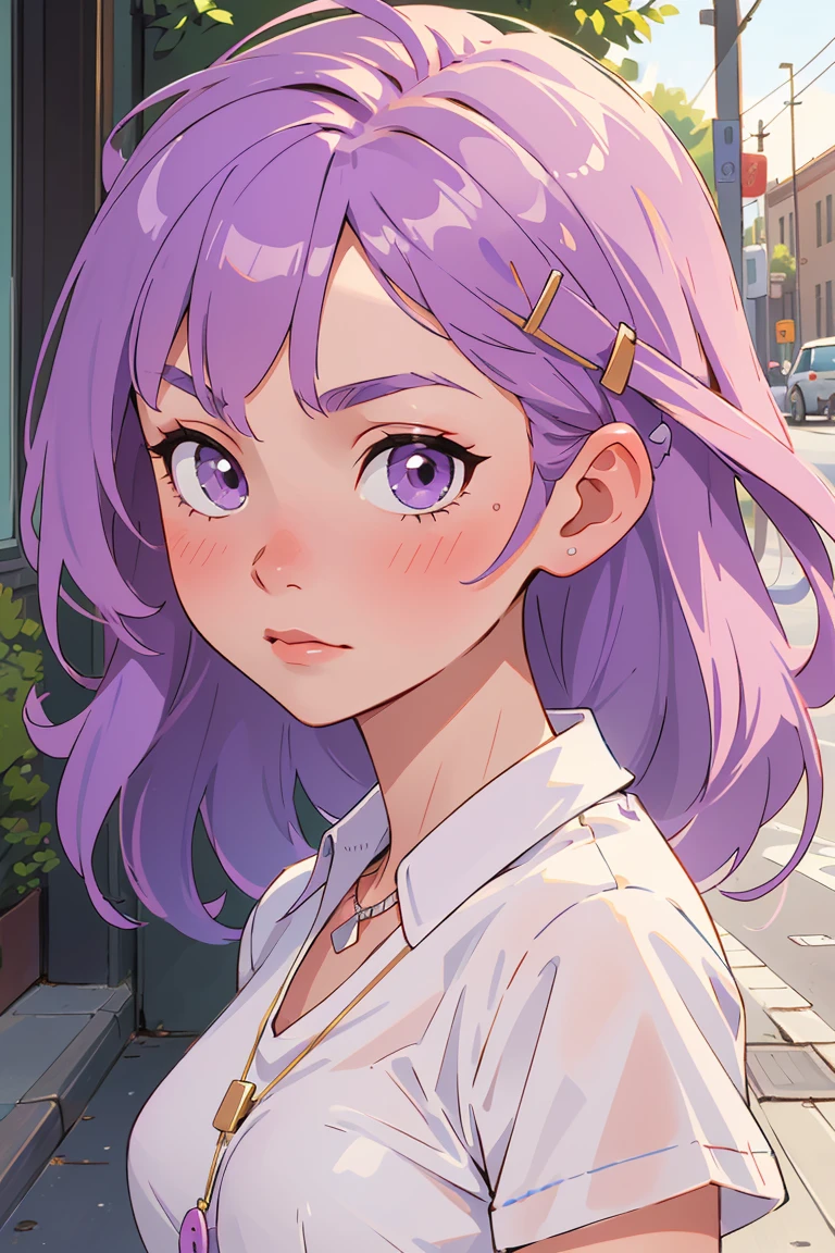 (masterpiece, best quality), intricate details, 1girl, light purple hair, medium breasts, (white shirt with button:1.1), hairpin, necklace, blush, sidewalk, detailed face, (portrait:1.4)