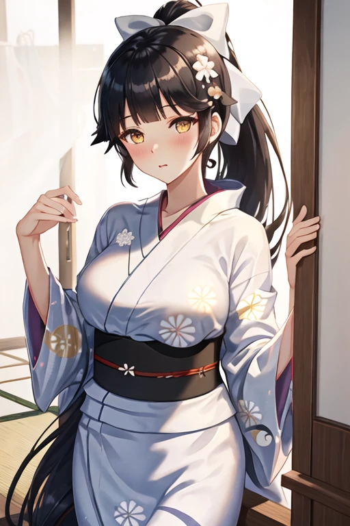 best quality, masterpiece, highres, solo, {yukata:1.40}, {kimono:1.20}, {takao_azurlane:1.15}, long_hair, black_hair, ponytail, bow, hair_bow, white_bow, breasts, bangs, large_breasts, brown_eyes, hair_flaps, blush, very_long_hair, yellow_eyes, military