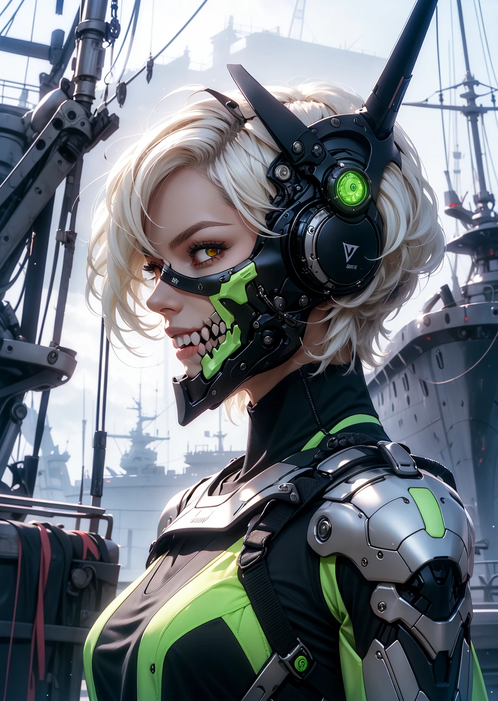 masterpiece, best quality, 1girl, dynamic pose in shipyard, white hair short hair one side up, robot eyes, red eyes, armor, CyberskullAI <lora:CyberskullAI:0.65>