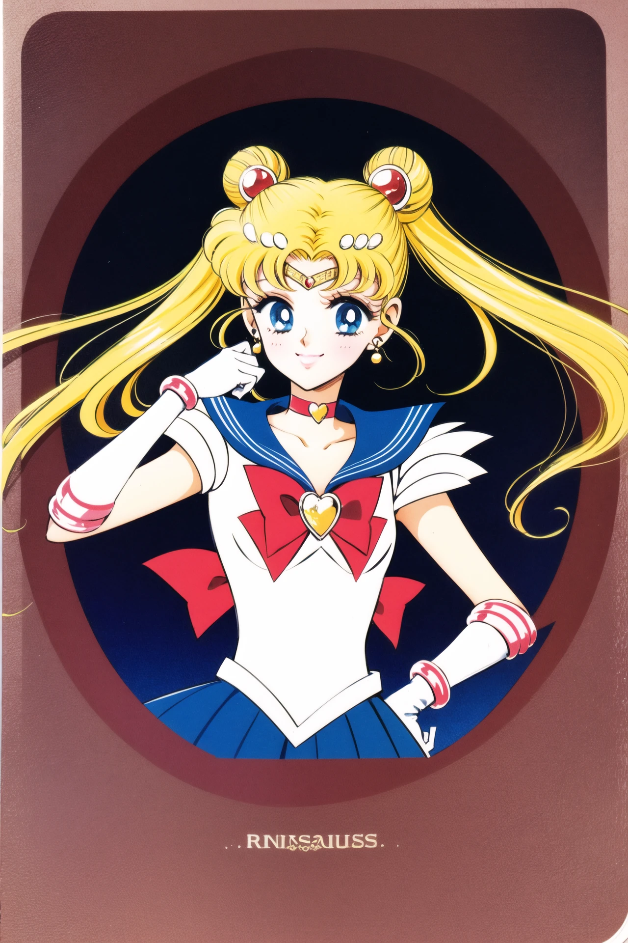 1girl, solo, blonde hair, tsukino usagi, sailor moon, sailor senshi uniform, long hair, blue sailor collar, gloves, blue eyes, skirt, bow, twintails, red bow, blue skirt, magical girl, sailor collar, choker, double bun, card (medium), elbow gloves, hair bun, white gloves, back bow, jewelry, tiara, red choker, smile, crescent, hand on hip, earrings, pleated skirt,<lora:Takeuchi Naoko:0.8>