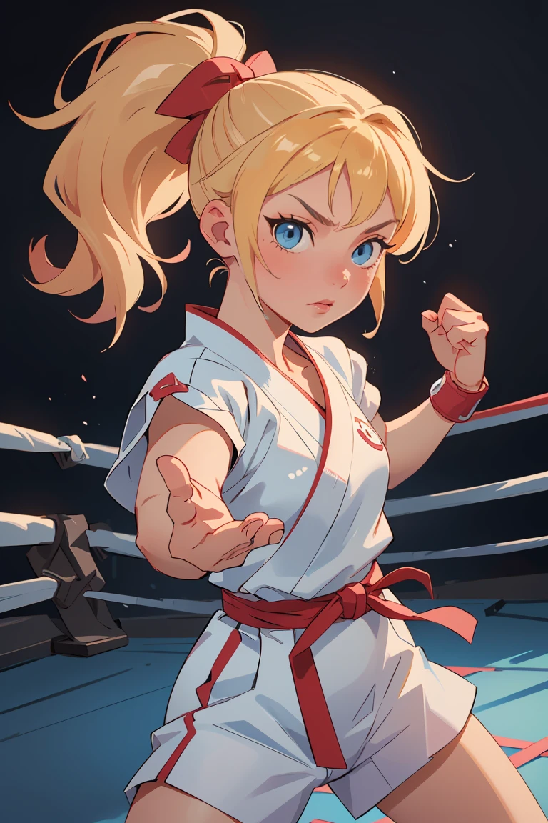 masterpiece, ultra high quality CG, best quality, perfect picture, solo, lidia sobieska (tekken, blond hair with high ponytail, blue eyes, bow, strong), karate pose, wearing a sexy karate outfit, in a fighting stadium, depth of field, highly detailed background