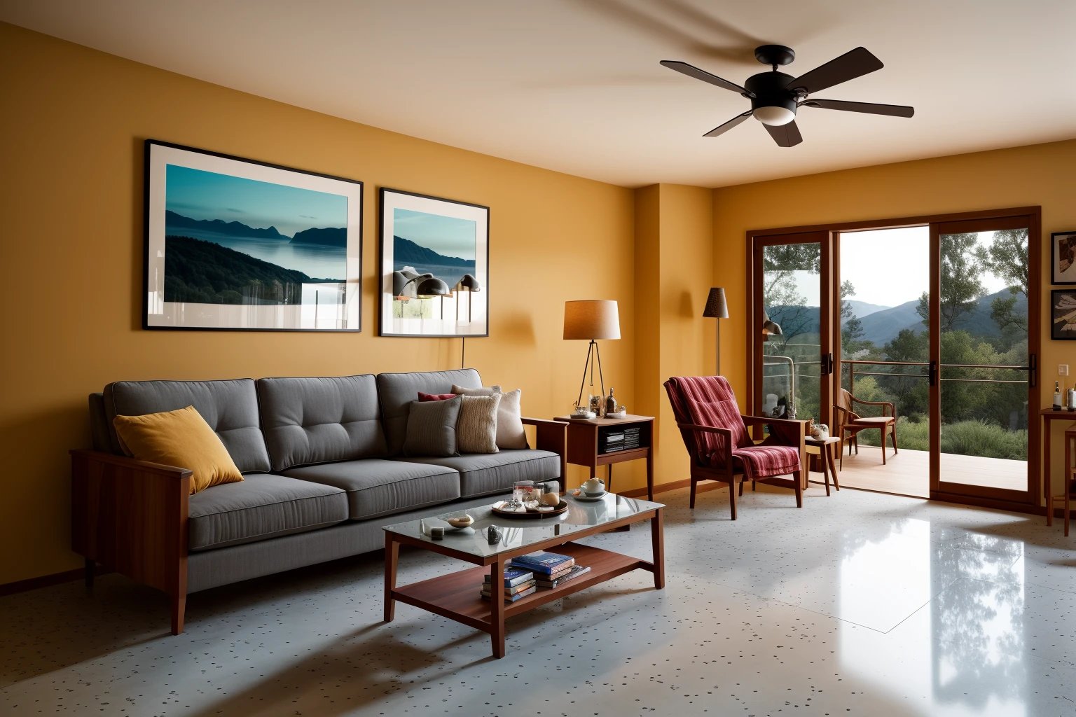 Indoors living room captured in the art form of Photography. Inspired by the works of Ansel Adams, the room embodies a Scandinavian color scheme, exuding coziness. A glass door with a wooden frame opens up to reveal the twilight sky. A piano sits gracefully next to a comfortable sofa and armchair, all centered around a table. Nestled under the stairway, a bar boasts a wine rack. The polished concrete floor reflects the dim light, while a ceiling fan stirs the air. On the walls, picture frames tell stories of past memories. Lens: 35mm. The room feels cinematic with a cool color temperature. The twilight outside creates a soft, ambient lighting, casting subtle shadows and setting a tranquil atmosphere
raw photo, high quality, (masterpiece), realistic, ,Leica, <lora:add_detail:0.3> <lora:epiNoiseoffset_v2:0.3>