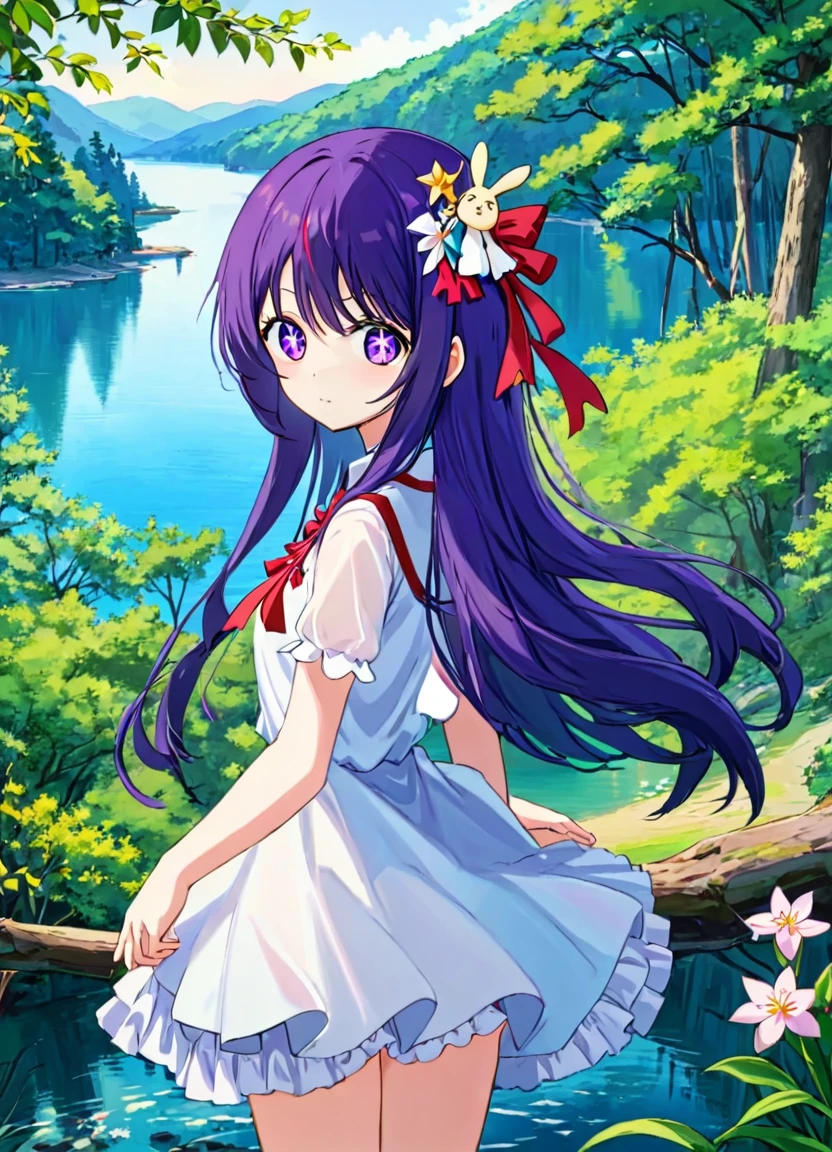 breathtaking, 1girl,purple eyes,aihoshino, ,hair ornament, red ribbon,
standing,forest,lake,tree,spring,white dress,white t-shirt, 
gorgeous,key visual, vibrant, studio anime,award-winning, professional, highly detailed,high budget, cinemascope <lora:hoshinoai_v10:1:lbw=xl1-1>