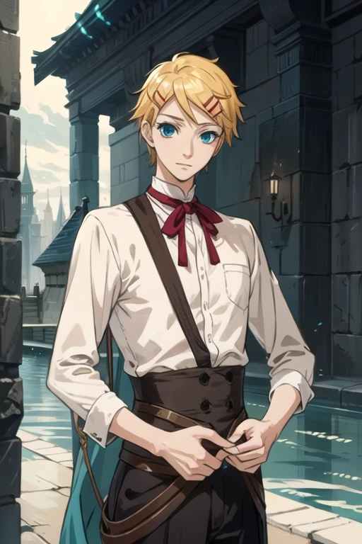 masterpiece, best quality, illustration, 1boy, solo, male focus, looking at viewer, , , , realistic, <lora:finnian_kuroshitsuji:0.72>, finnian_kuroshitsuji, blonde hair, aqua eyes, , The Tower of Destiny, High resolution