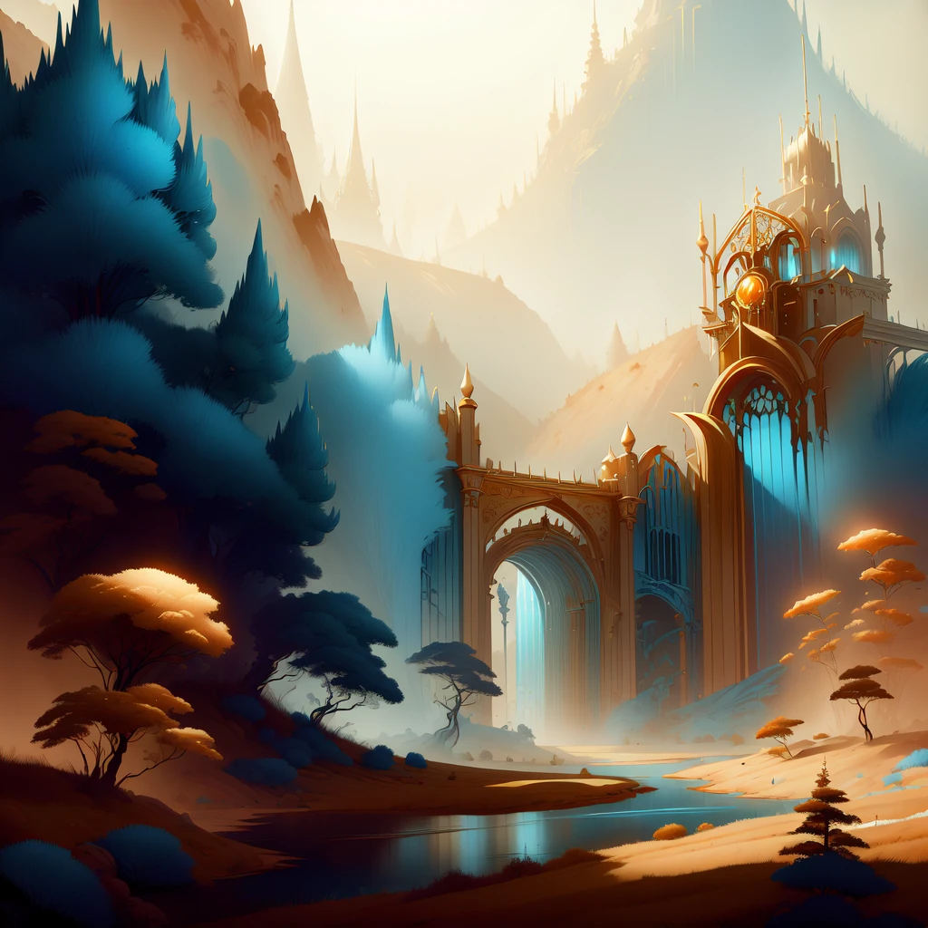 masterpiece, absurdres, <lora:WorldofLight:1.2>, worldoflight, gold and blue, forest landscape
