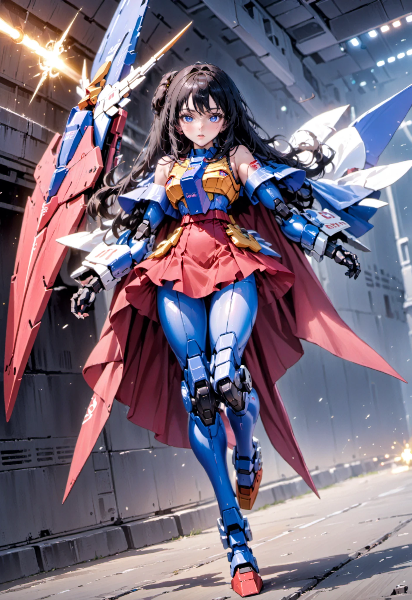 (8k, RAW photo, best quality, masterpiece:1.3), realistic, <lora:sdxl_loha_RX78_v2:0.9>, gundam\(RX78\), 1girl, solo, long hair, black hair, mobile suit, holding, mecha, huge breasts, looking at viewer, blue eyes, (full body:3), bangs, science fiction, open mouth, covered navel, skin tight, weapon, tail, long pants, dancing, red skirt, long shoes, long cape, leg armor:1.5, thighhighs,