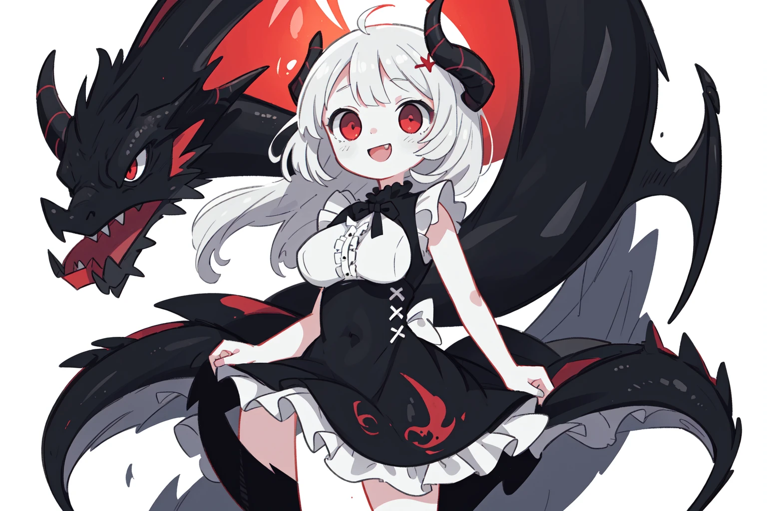 masterpiece,best quality,(best illustration:1.1),intricate details,ultra detailed,((2D)),splendid illustration,extremely detailed 8K wallpaper,1girl,(bishoujo),(beautiful detailed face,pretty face+round face),(transparent eyes, beautiful detailed big red eyes:1.2),(black dragon tail:1.2),long white hair,detailed silver hair,disheveled hair,bangs,(black dragon horns:1.2),(((black and white frilled dress))),hyper detailed dress,(breasts,wide_hips,narrow waist,slender body:1.2),(lustrous skin+bright skin:1.1),(White lace-up panties:0.6),ð,