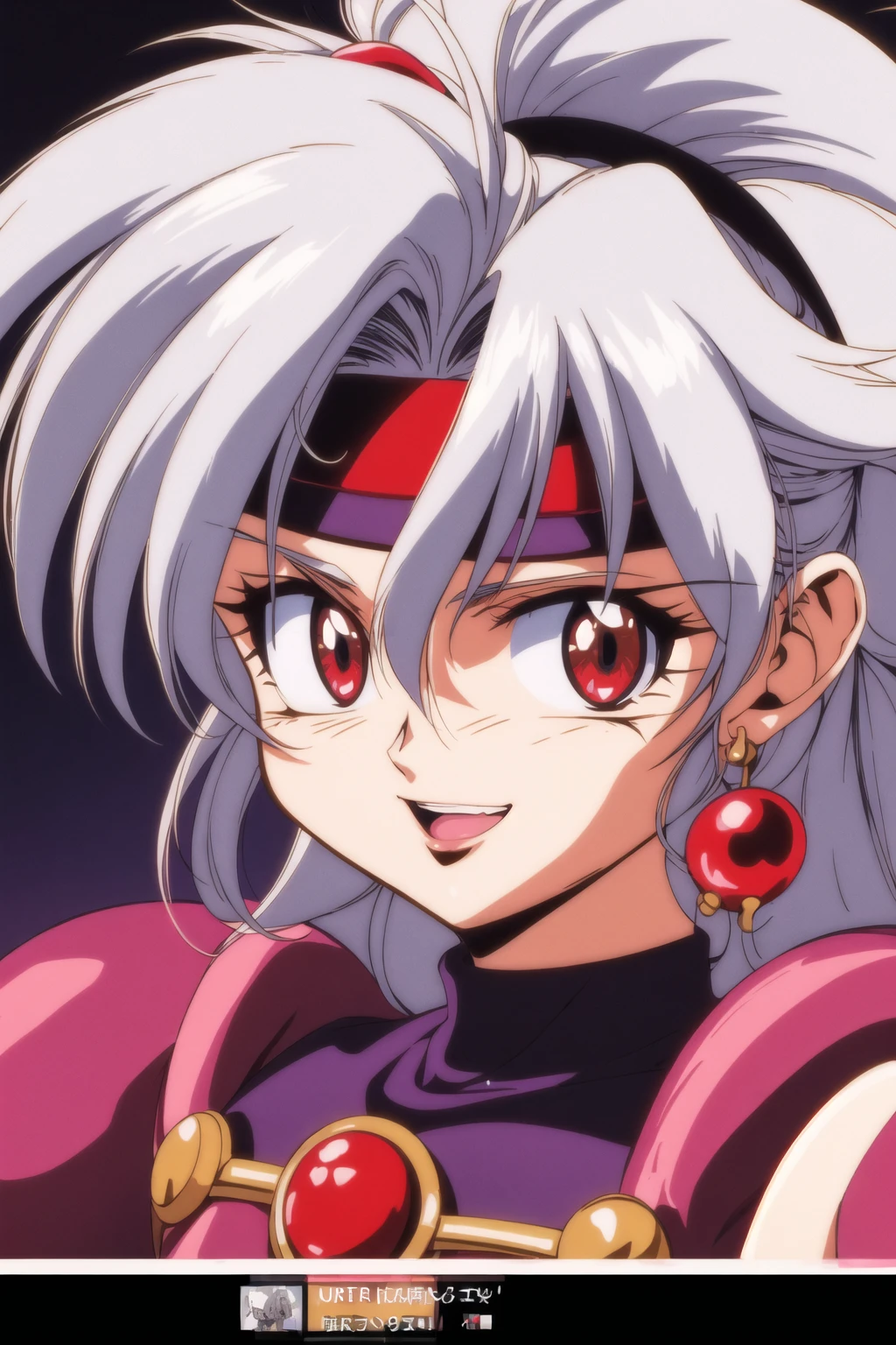 night shot of lina inverse, 1girl, solo, long hair, looking at viewer, smile, open mouth, bangs, red eyes, hair between eyes, jewelry, white hair, grey hair, earrings, parted lips, armor, cosplay, eyelashes, headband, parody, shoulder armor, portrait, close-up, pauldrons, retro artstyle, style parody, 1990s \(style\), official style, fake screenshot, anime coloring. Dark, lit, moody, mysterious