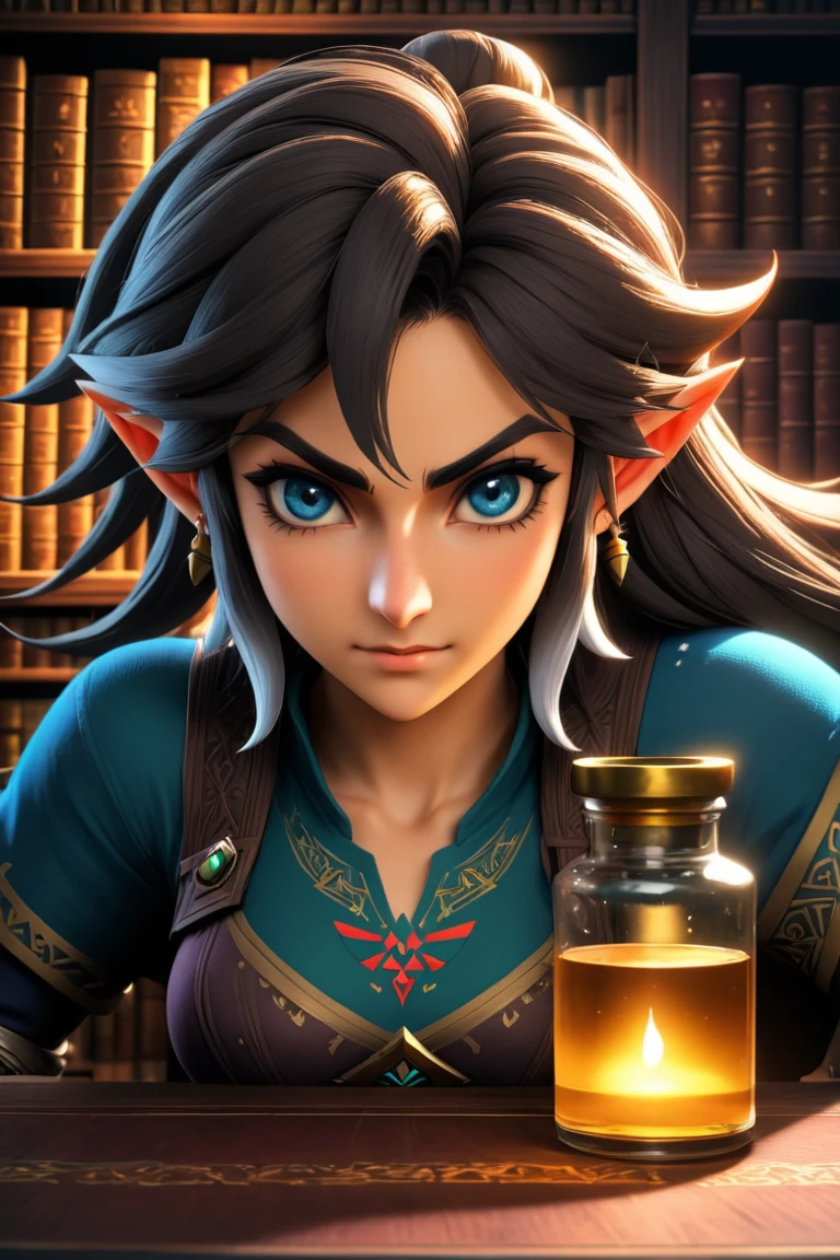 Legend of Zelda style <lora:FFai.0049.Sdxlnijiv4_Sdxlnijiv4.lora:1> ((best quality)), ((masterpiece)), (detailed) Female, [Worgen in a bottle], on a desk, highly detailed skin, looking at the viewer, fantasy art, stunning gradient colors, background of a library, no watermark signature, closed mouth, insanely detailed, ((masterpiece)), HDR, key visual, vibrant, studio quality, highly detailed,close portrait,(manga:1.3),beautiful,attractive,handsome,trending on ArtStation,DeviantArt contest winner,CGSociety,ultrafine,detailed,studio lighting . Vibrant, fantasy, detailed, epic, heroic, reminiscent of The Legend of Zelda series