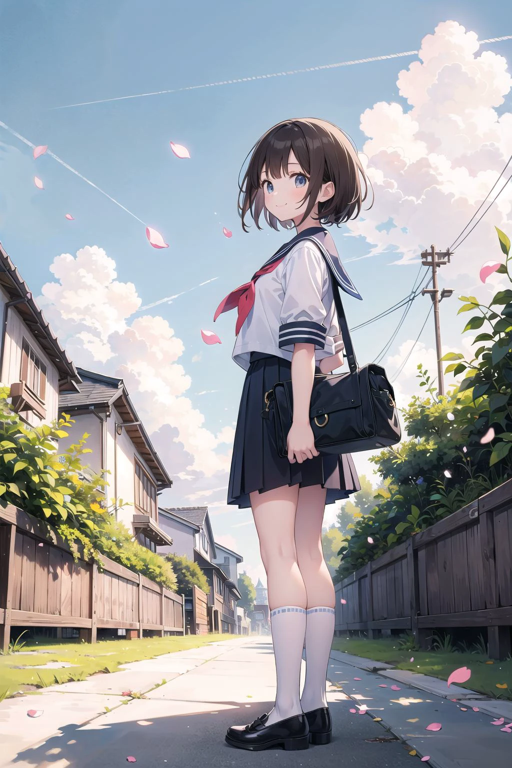 (masterpiece), town, blue sky, 1girl, smile, solo, sailor uniform, brown hair, cloud, cloudy sky, day, outdoors, overgrown, petals, plant, scenery, shoes, standing