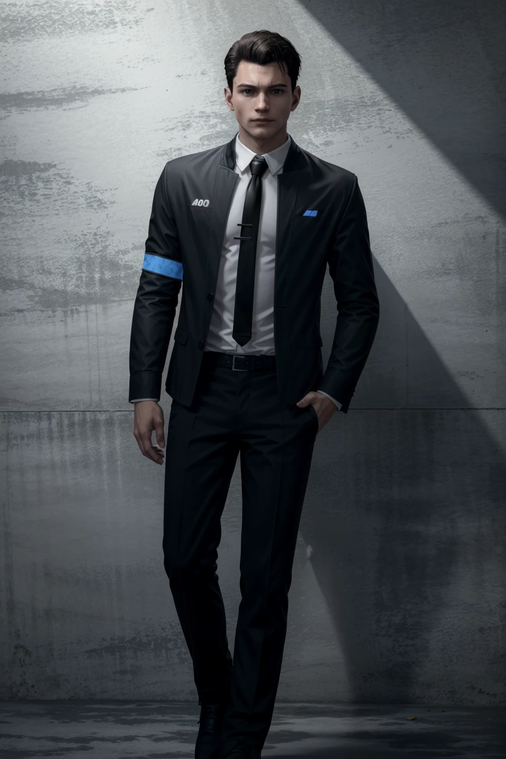 (masterpiece, best quality)
solo, short hair, shirt, black hair, long sleeves, 1boy, standing, jacket, full body, white shirt, male focus, necktie, collared shirt, pants, black footwear, black jacket, black pants, formal, suit, armband, black necktie, ConnorDBH
<lora:epi_noiseoffset2:1>, <lora:add_detail:0.5>, <lora:ConnorDBH:0.7>