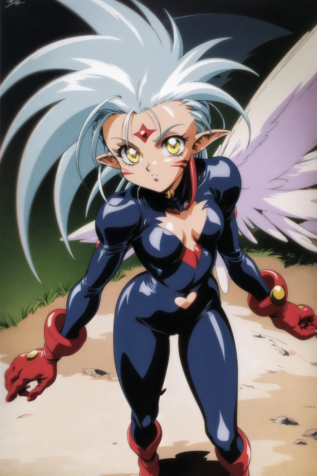 ryouko (tenchi muyou!), 1girl, full body, on ground, cleavage, solo, long hair, gloves, long sleeves, blue hair, yellow eyes, wings, pointy ears, bodysuit, facial mark, spiked hair, watch, forehead mark, retro artstyle, 1990s (style)