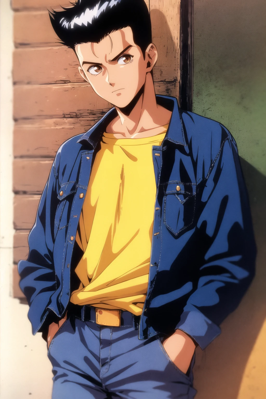 urameshi yuusuke, solo, looking at viewer, short hair, shirt, black hair, long sleeves, 1boy, brown eyes, closed mouth, standing, collarbone, male focus, cowboy shot, pants, black shirt, denim, casual, t-shirt, hand in pocket, jeans, hands in pockets, blue pants, retro artstyle, print shirt, 1990s \(style\)