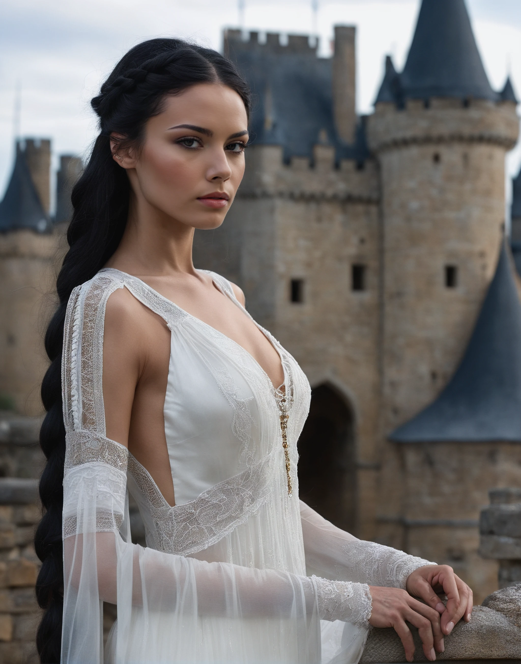 a sharp focus photo of a beautiful human woman, black hair, very long braided hair, black hair , perfect body, detailed skin texture, (slim), (highly detailed empire style see-through white silk dress), (perfect face, perfect eyes), (inside of her kingdom background, inside of great castle environment:1.5)