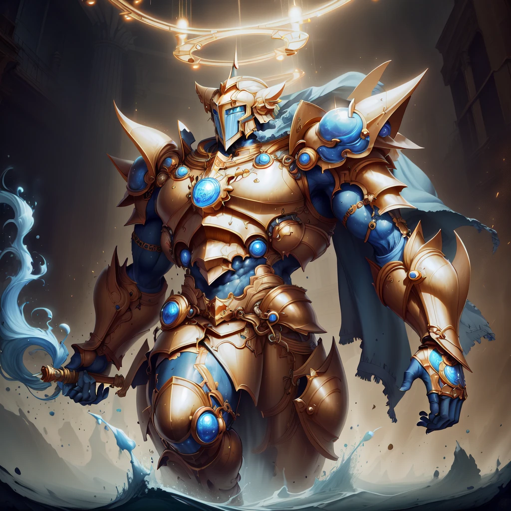 masterpiece, absurdres, <lora:WorldofLight:1.2>, worldoflight, gold and blue, man, muscular, armoured knight,