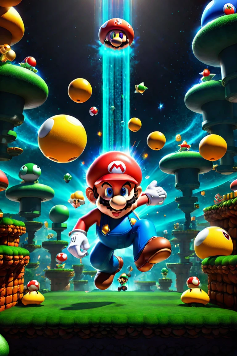 Super Mario style <lora:FFai.0013.Canvasxl_Bfloat16v002.lora:1> (Ultrarealistic:2, a wide angle full body of a futuristic looking man in a scifi cinematic cover with armor suit with glowing eyes and a glowing chest and chest, with a black background of dark background and rainbow highlights and a black background and a dark background, with a dark, data fragments exploding in background, digital art,ultra-realistic smooth edges, ((antialiasing smooth edge quality:1.2)),anti-aliasing,MSAA,FXAA,TAA, explosion of data fragments, exploding background, 3d abstract render overlayed,,close portrait,(manga:1.3),beautiful,attractive,handsome,trending on ArtStation,DeviantArt contest winner,CGSociety,ultrafine,detailed,studio lighting . Vibrant, cute, cartoony, fantasy, playful, reminiscent of Super Mario series