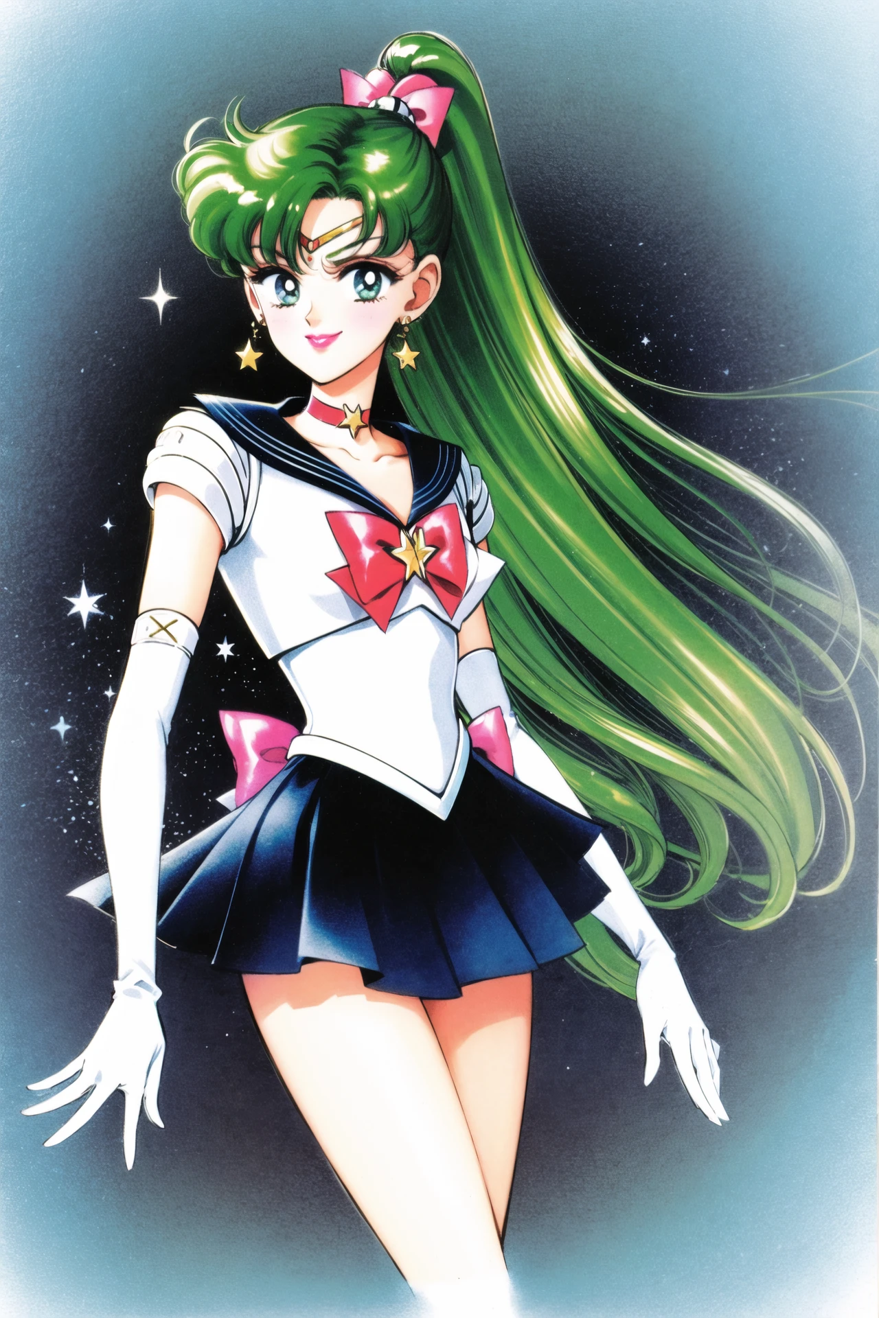 1girl, Meiou Setsuna, solo, long hair, green hair, ponytail hair, sailor senshi uniform, magical girl, choker, gloves, bow, single hair bun, skirt, elbow gloves, white gloves, hair bun, sailor collar, traditional media, jewelry, black skirt, half updo, star (symbol), back bow, smile, earrings, makeup, black sailor collar, tiara, lipstick, pleated skirt, black choker,<lora:Takeuchi Naoko:0.8>