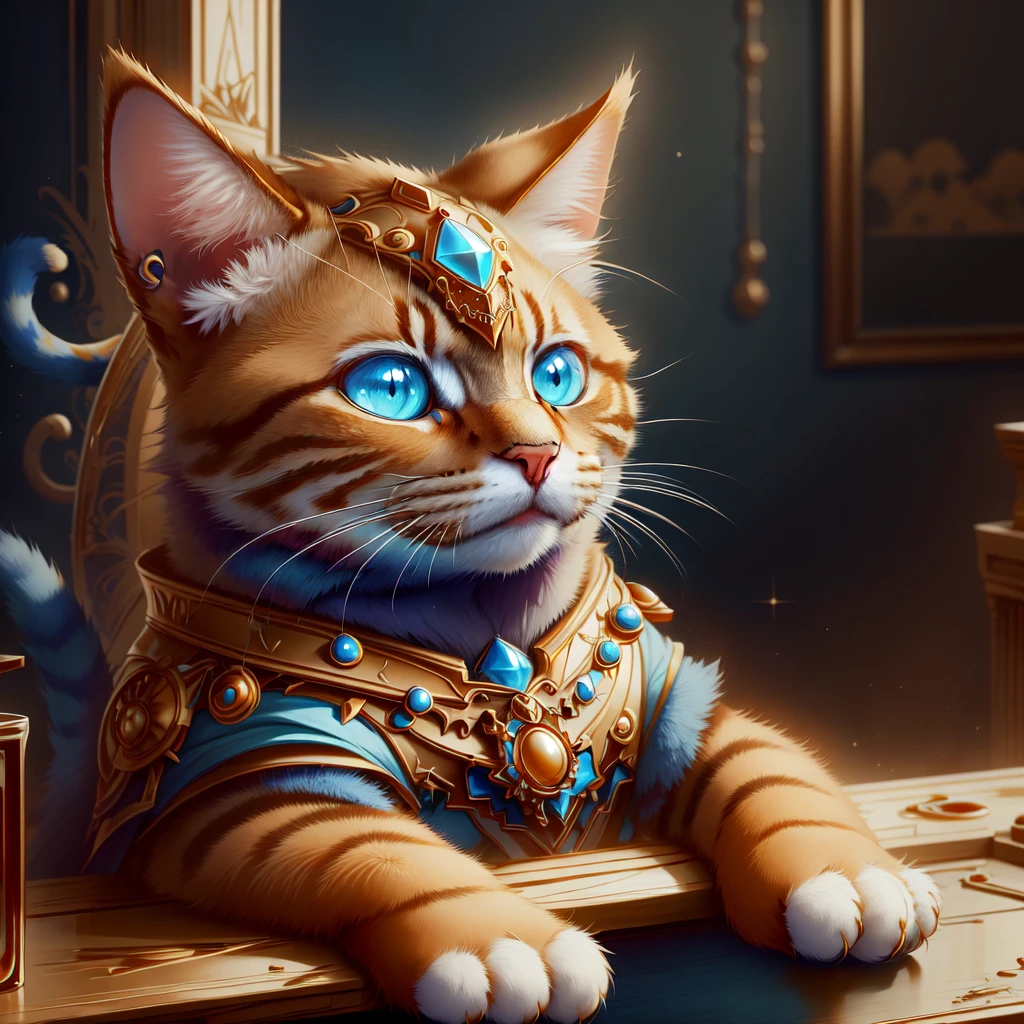 masterpiece, absurdres, <lora:WorldofLight:1.2>, worldoflight, gold and blue, cat, sitting on table, animal focus,