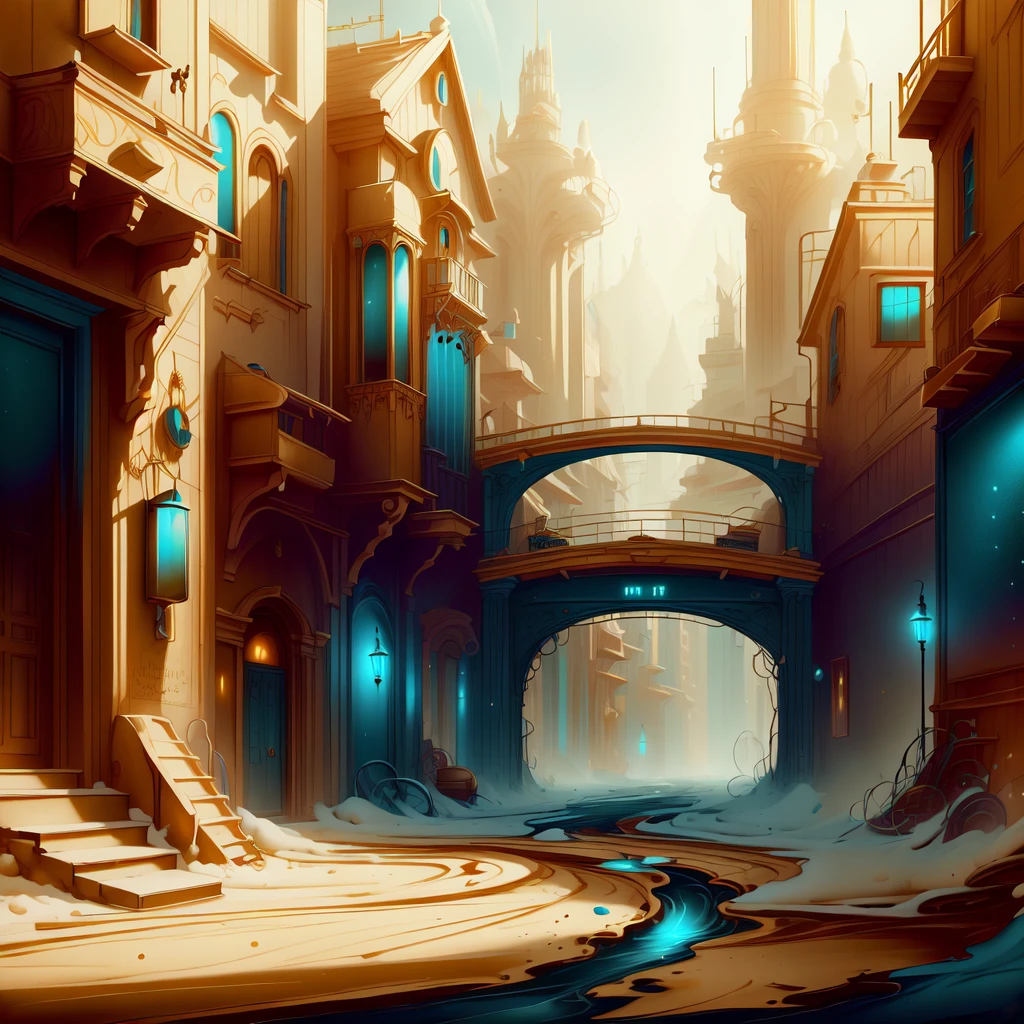masterpiece, absurdres, <lora:WorldofLight:1.2>, worldoflight, gold and blue, winding city alley