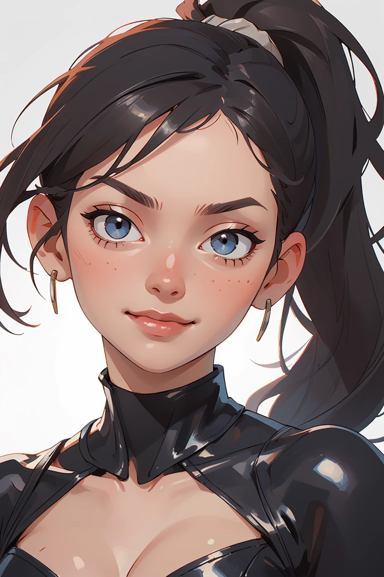 (masterpiece, best quality:1.4),high detail,(detailed face),detailed eyes,1girl,feature,(masterpiece, best quality),bsdm,high ponytail,black hair,leather,catsuit,highly detailed,cleavage,smirk,(detailed face:1.2),<lora:GoodHands-vanilla:1>,<lora:GPTS4 dreamwave full_478773:0.3>,