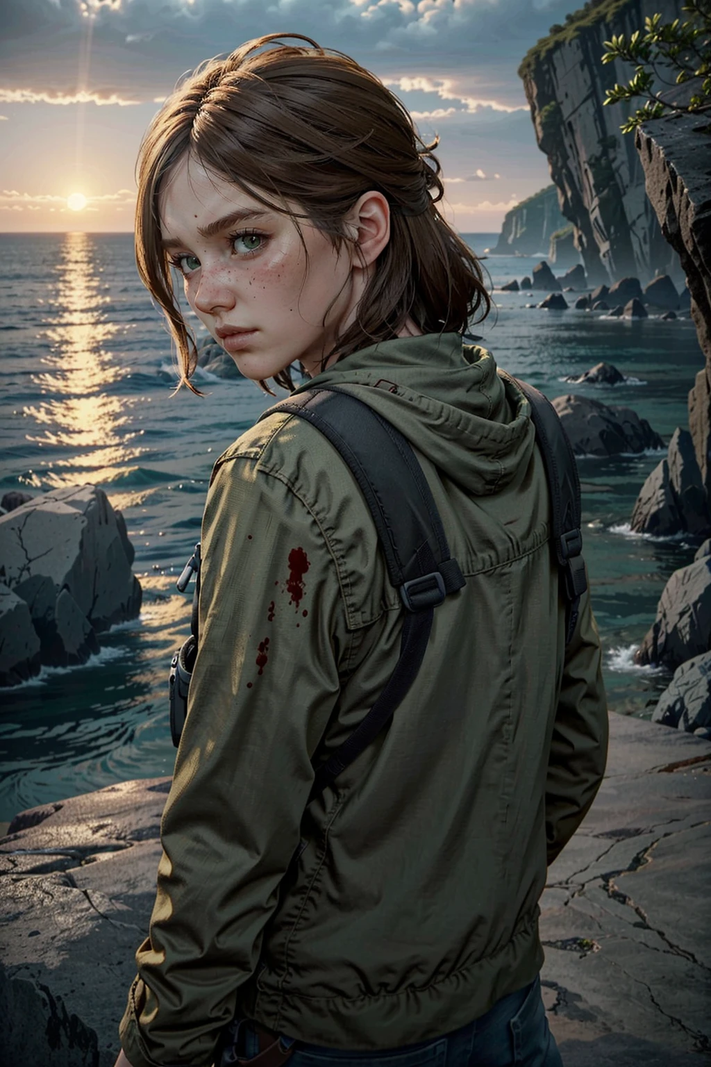 (masterpiece, best quality)
1girl, solo, EllieTLOU2, brown hair, green eyes, atop a rocky cliff, desolate coastal landscape,blood-red sunset, upper body,
<lora:epi_noiseoffset2:1>,  <lora:EllieTLOU2:0.7>