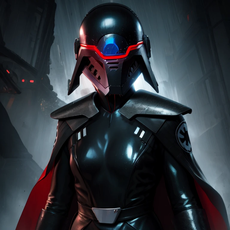 Trilla,standing,upper body,medium breasts,
cape,helmet with red visor,armor,black gloves,tight bodysuit,black footwear,black cape,black pants, red lightsaber,holding weapon,
raining,metal platform,night, (insanely detailed, beautiful detailed face, masterpiece, best quality),
<lora:Trilla-10v5:1.0>