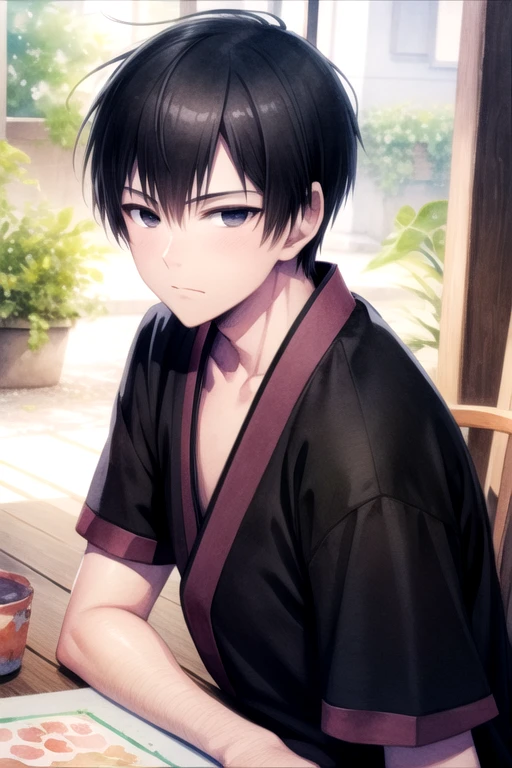 masterpiece, best quality, photorealistic, 1boy, solo, male focus, looking at viewer, , , (watercolor illustration, soft pastel colors:1.1), , <lora:kaikoku_onigasaki:0.68>, kaikoku_onigasaki, black hair, black eyes, , , , 2k resolution