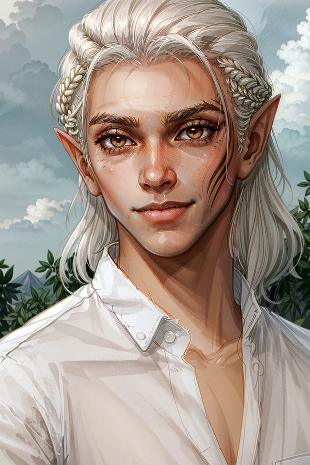 (masterpiece, best quality)
solo, looking at viewer, smile, shirt, 1boy, brown eyes, closed mouth, white shirt, white hair, male focus, sky, pointy ears, dark skin, orange eyes, dark-skinned male, elf, portrait, blonde hair, ZevranDA, facial tattoo
<lora:epi_noiseoffset2:1>, <lora:add_detail:0.8>,  <lora:ZevranDA:0.8>