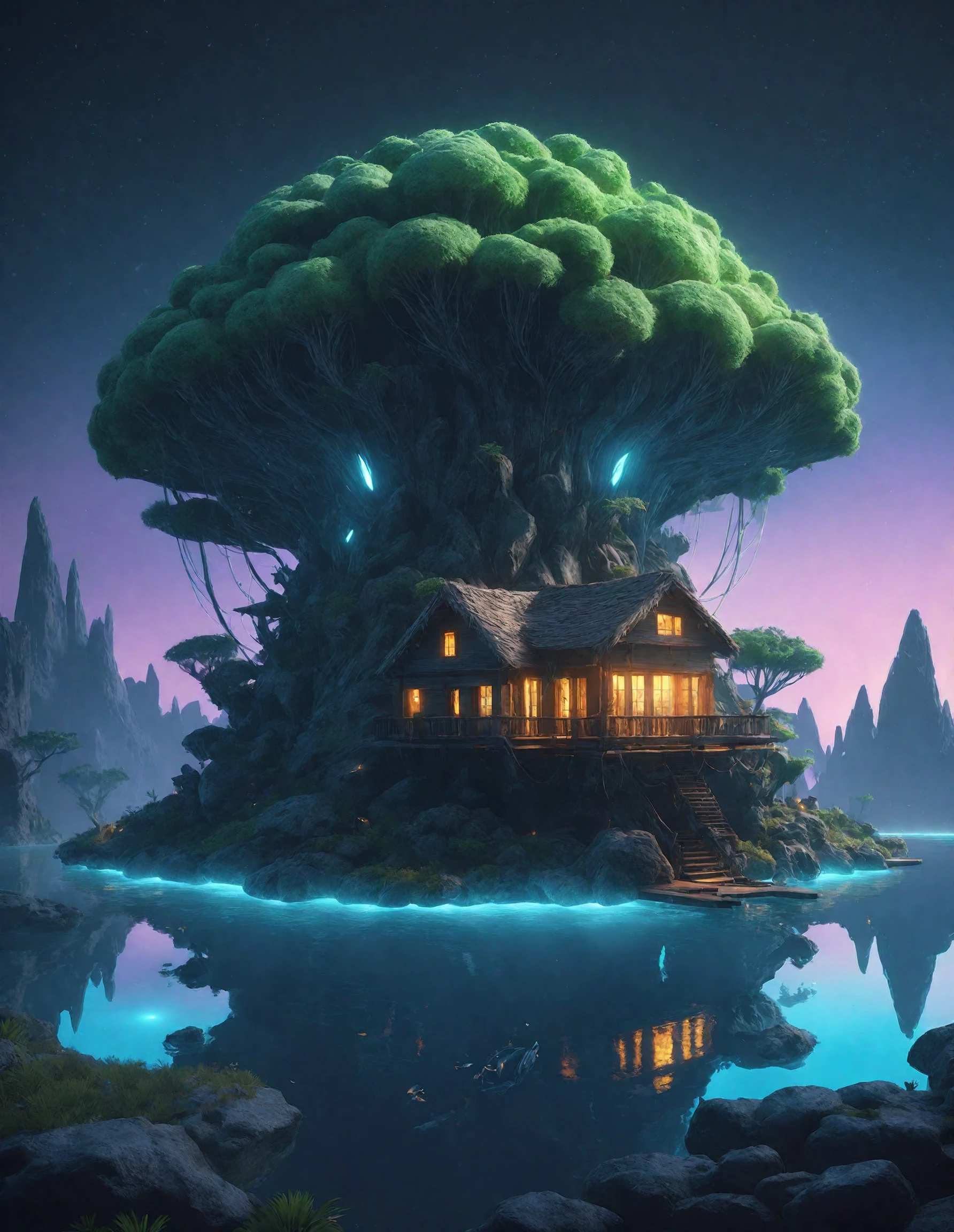 ((best quality)), ((masterpiece)), ((realistic,digital art)), (hyper detailed), Floating Islands Nocturnal Creatures, octane rendering, raytracing, volumetric lighting, Backlit,Rim Lighting, 8K, HDR