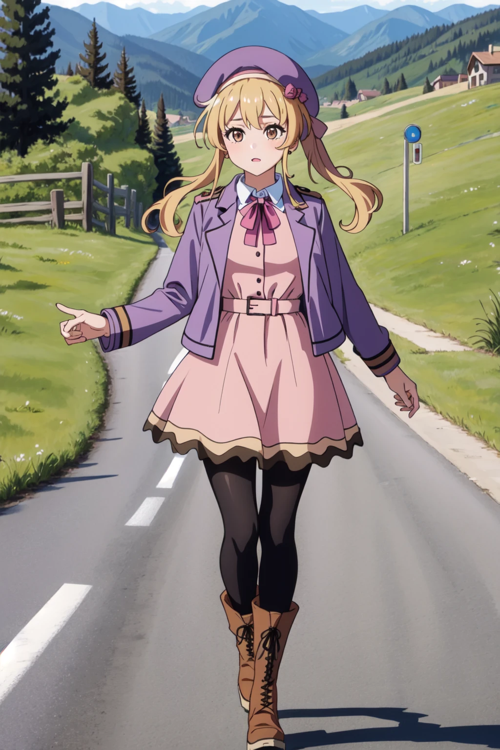 1girl,blonde hair,brown eyes,purple jacket,pink dress,hat,beret,pontytail,pantyhose,full body,ribbon,boots,outdoors,in mountain village,dirt road,walking, <lora:Eleanor1:0.5>,