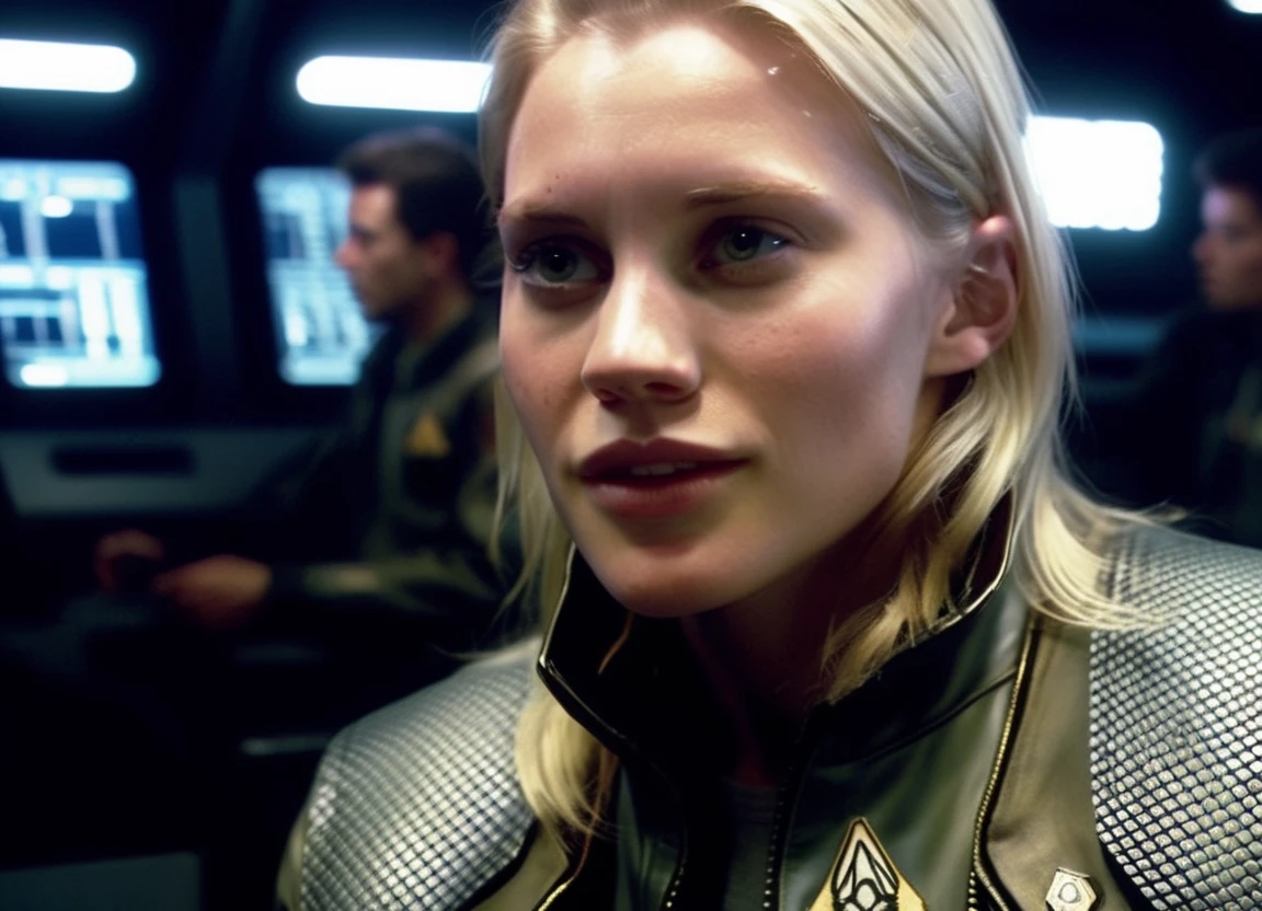 cinematic photo , woman, long blond hair, natural skin, freckles, flight jacket, spaceship bridge,high contrast, ultra detailed, sharp focus, 35mm photograph, film, bokeh, professional, 4k, highly detailed <lora:Kara_Thrace:1>