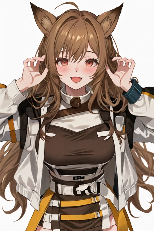 best quality, masterpiece, highres, solo, {ceobe_arknights:1.15}, animal_ears, long_hair, dog_ears, brown_hair, bangs, red_eyes, smile, dog_girl, open_mouth, breasts, blush, upper_body, hair_between_eyes, very_long_hair, 1girl, :3, closed_mouth, looking_at_viewer, simple_background, white_background, jacket, long_sleeves