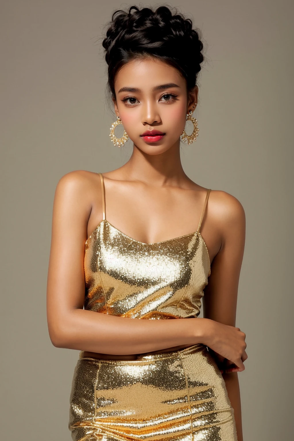 photo of a south africa colored women, dark skin, slender, goddess, earrings,fashion clothes, makeup, simple background,