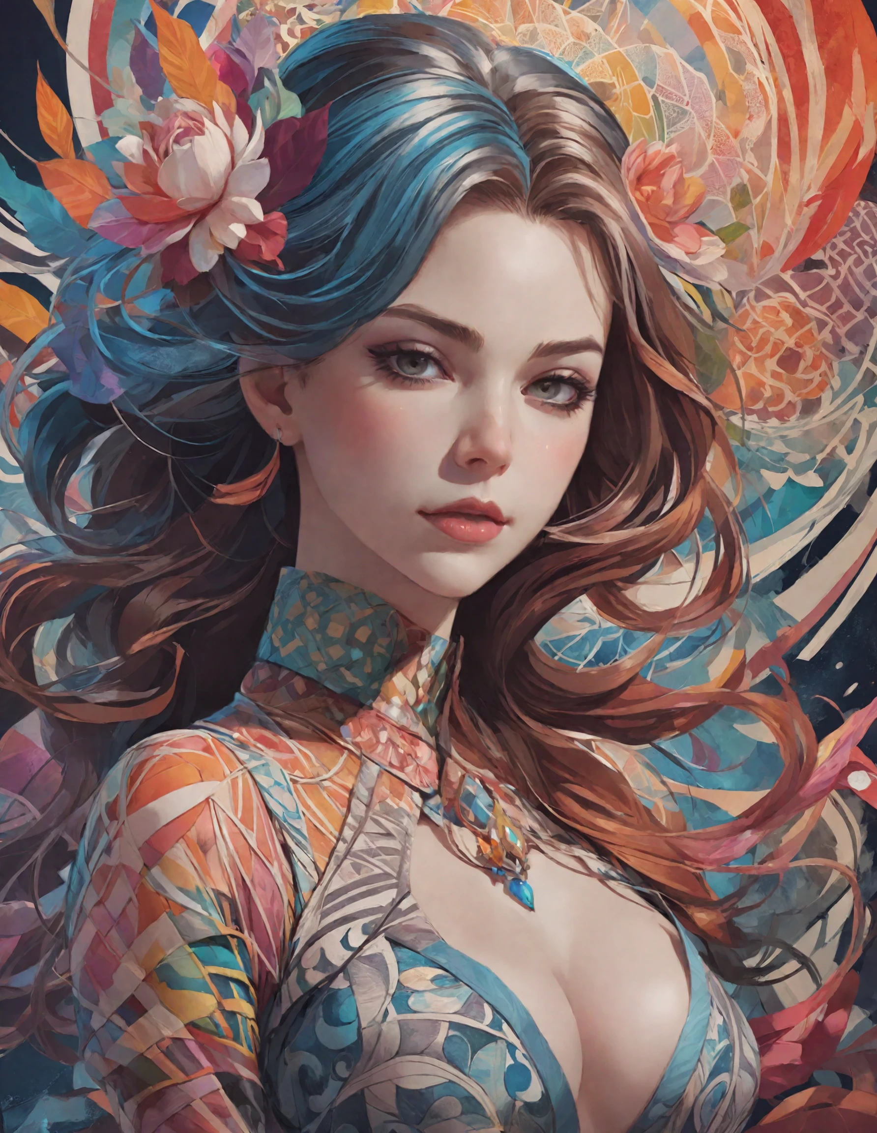 1girl,officialart,unity8kwallpaper,ultradetailed,beautifulandaesthetic,masterpiece,bestquality,(zentangle,mandala,tangle,entangle),dynamicangle,cowboyshot,themostbeautifulformofchaos,elegant,abrutalistdesigned,vividcolours,romanticism,byjamesjean,robydwiantono,rosstran,francisbacon,michalmraz,adrianghenie,petracortright,gerhardrichter,takatoyamamoto,ashleywood,atmospheric,ecstasyofmusicalnotes,streamingmusicalnotesvisible