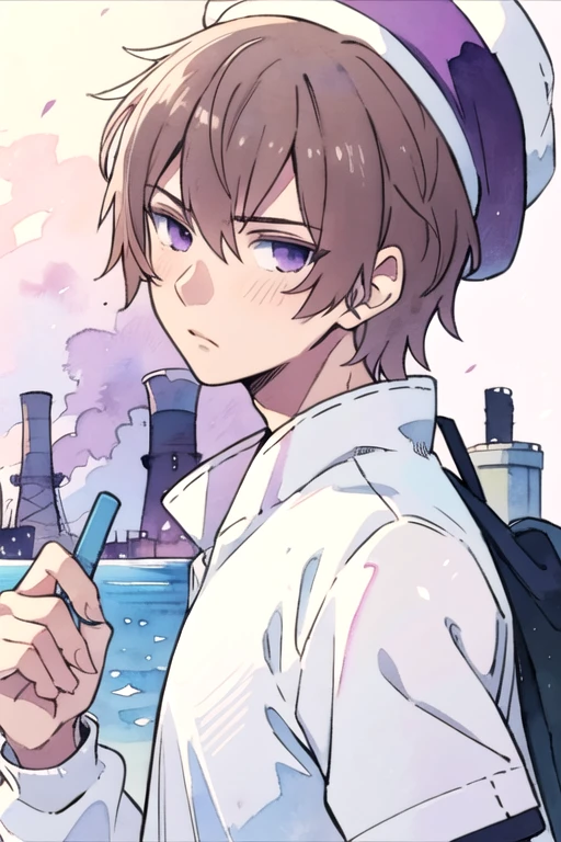 masterpiece, best quality, wallpaper, 1boy, solo, male focus, looking at viewer, upper body, , (watercolor illustration, soft pastel colors:1.1), , <lora:zakuro_oshigiri:0.68>, zakuro_oshigiri, brown hair, purple eyes, , athletic wear, cloche hat, nuclear powerplant, 12k resolution