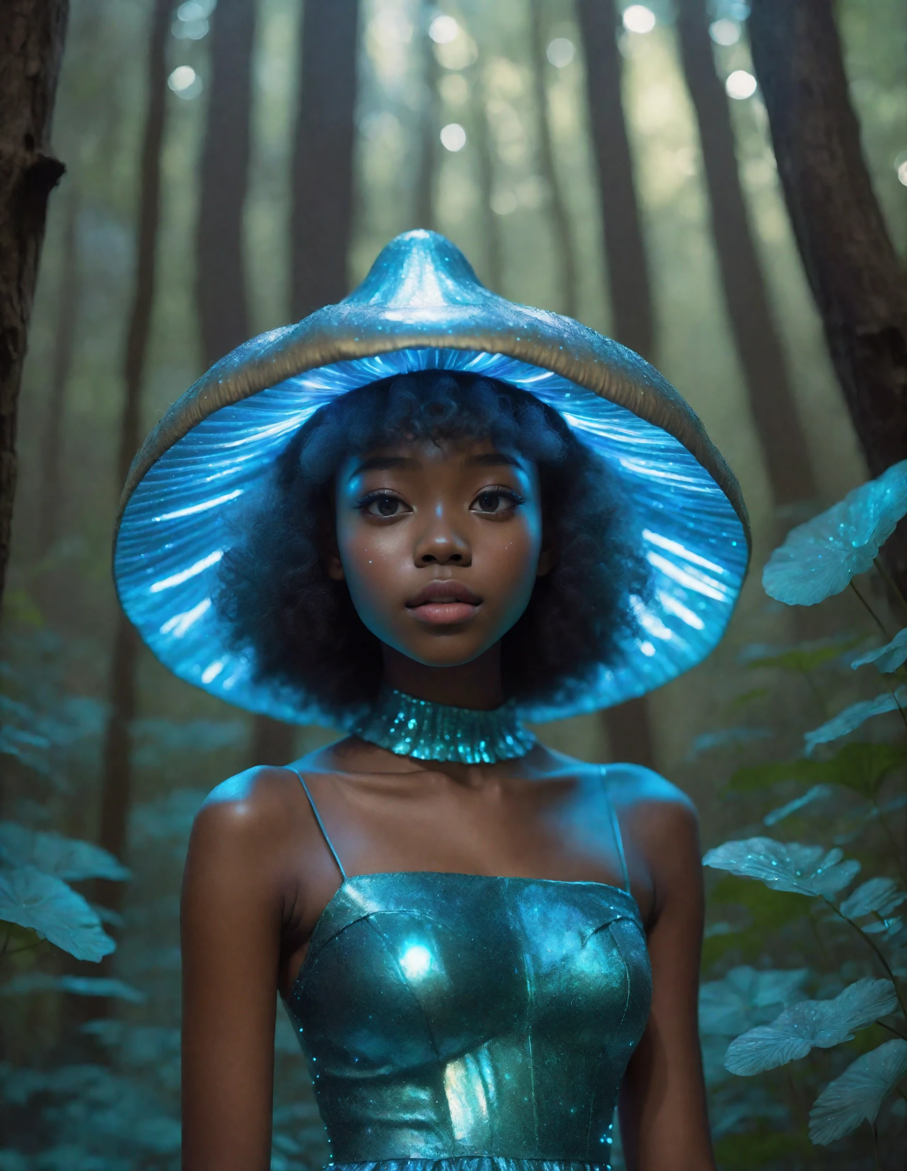 In a ((surreal, bioluminescent forest:1.2)), a 19-year-old black girl in ((shimmery, luminescent dress:1.3)) is otherworldly, her ((ulzzang-inspired wonder:1.1)), wearing a mushroom hat, (semi-realistic style:1.3), (hyper-realistic skin texture:1.3) matching the [mystical, glowing aura of the surroundings:0.9]