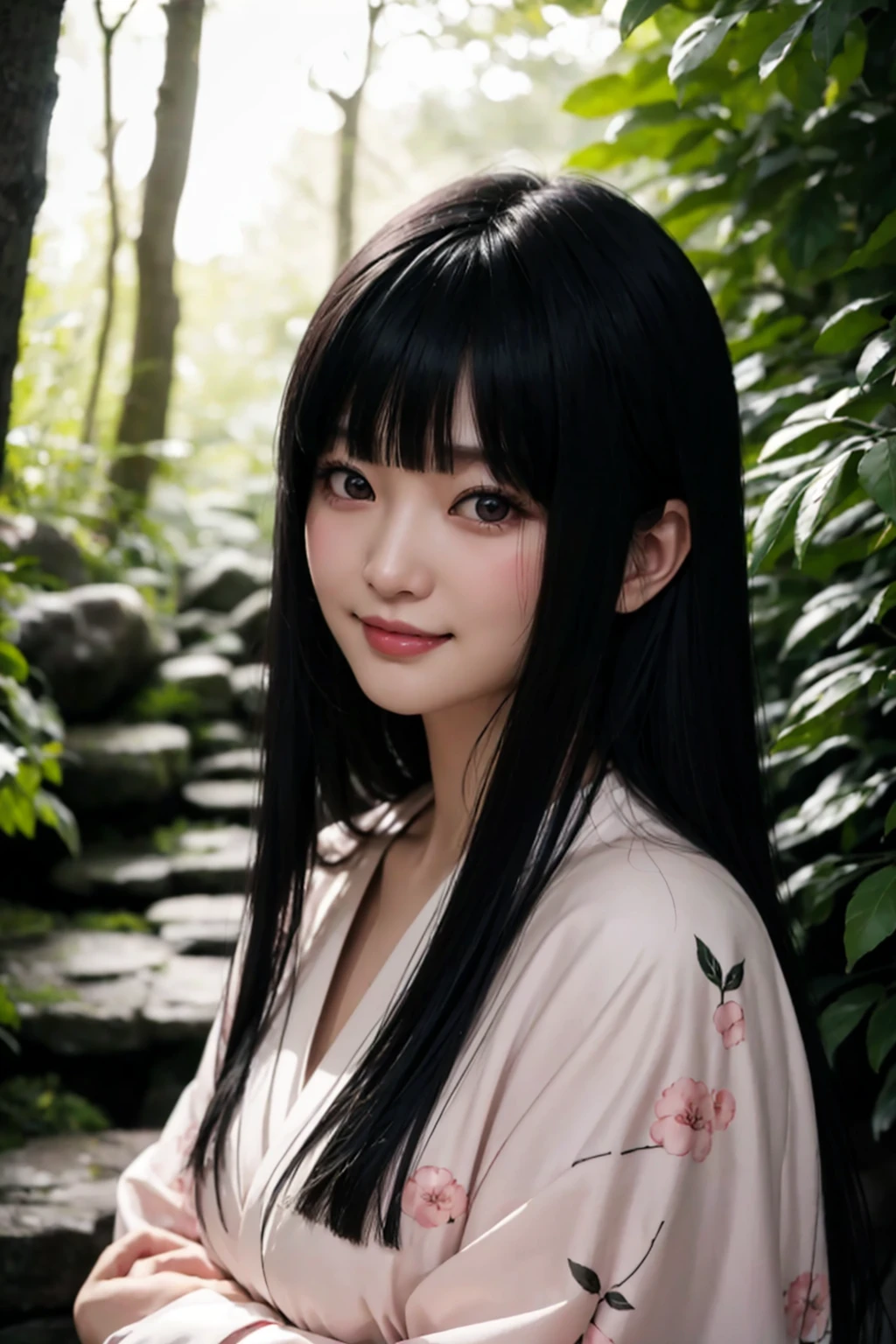 black hair, Hime cut hairstyle, hime cut, long hair, <lora:em_ai_v1:0.6> exquisite aesthetically, exquisite fashion super model, color photo, bang, minimal stylish fashion pose, Wabi Sabi, master crafted satin floral pattern yukata, realistic detail complexion, flossy complexion, feminine hands, gently eye, passionately smile, under shade, (blush:1.3), sophisticated details, (facing to viewer:1.4), tricky laughing, (smiley eyes:1.2), look at viewer from eyes corner, tricky eyes, wide sleeves, exquisite detail complexion, exquisite body parts detailing, extremely detailed clothing,
photo-realistic, best quality, extremely detailed, hyper detailed, extremely high resolution, extremely high res, high resolution, highres, natural volumetric lighting, detailly environment, exquisite evergreen Japan forest background, volumetric light through tree branches, at dusk, misty environment,
RAW Photo, 50mm lens, F1.2, sharp focus, styles of inoue takehiko, <lora:yumekojabami-LYCORIStest:0.75>