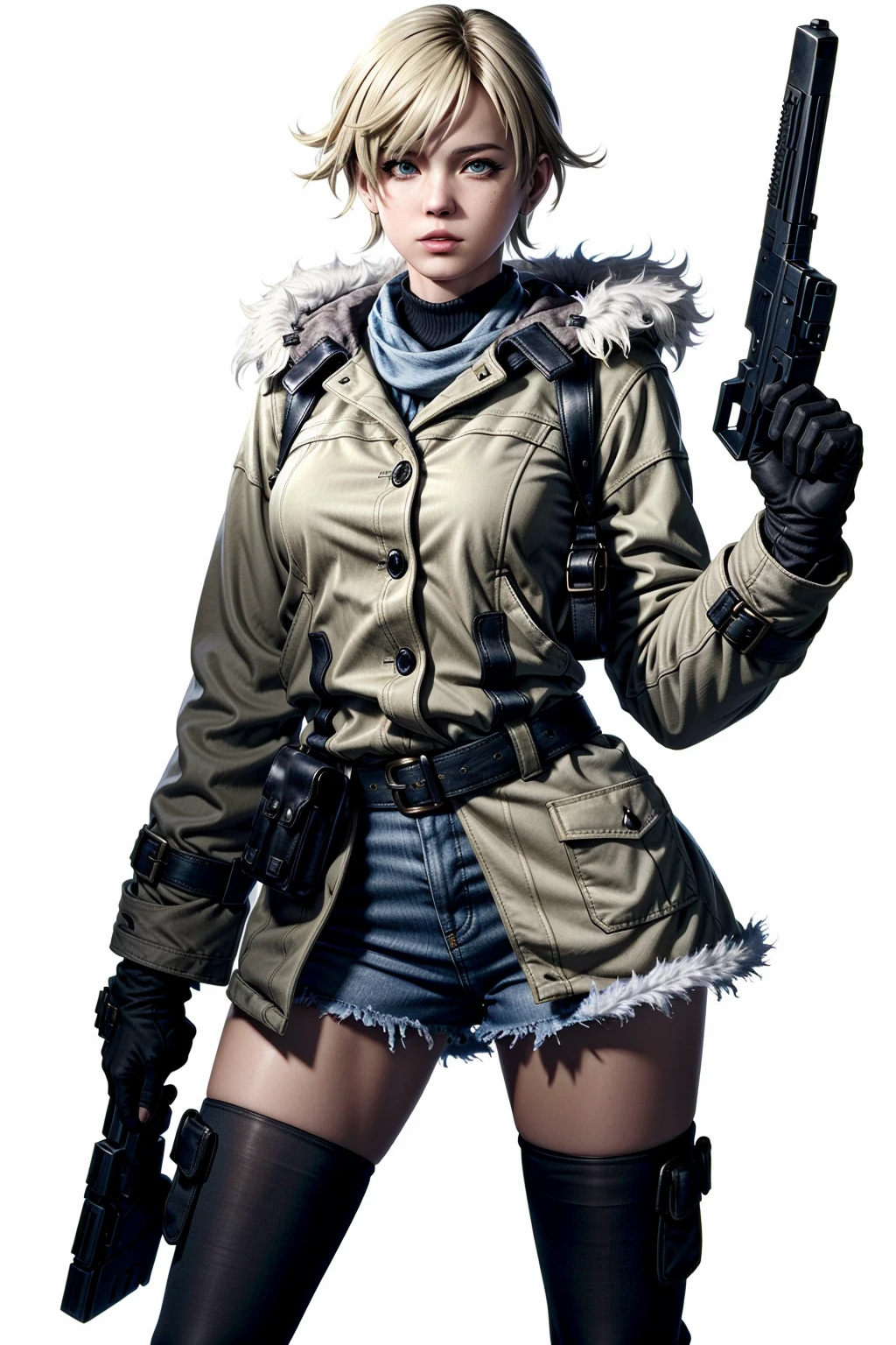 (masterpiece, best quality)
SherryRE, 1girl, solo, weapon, gun, blonde hair, boots, gloves, handgun, belt, knee boots, pantyhose, fur trim, full body, realistic, coat, white background, short hair, simple background, blue eyes, lips
<lora:add_detail:0.5>, <lora:SherryRE:0.7>