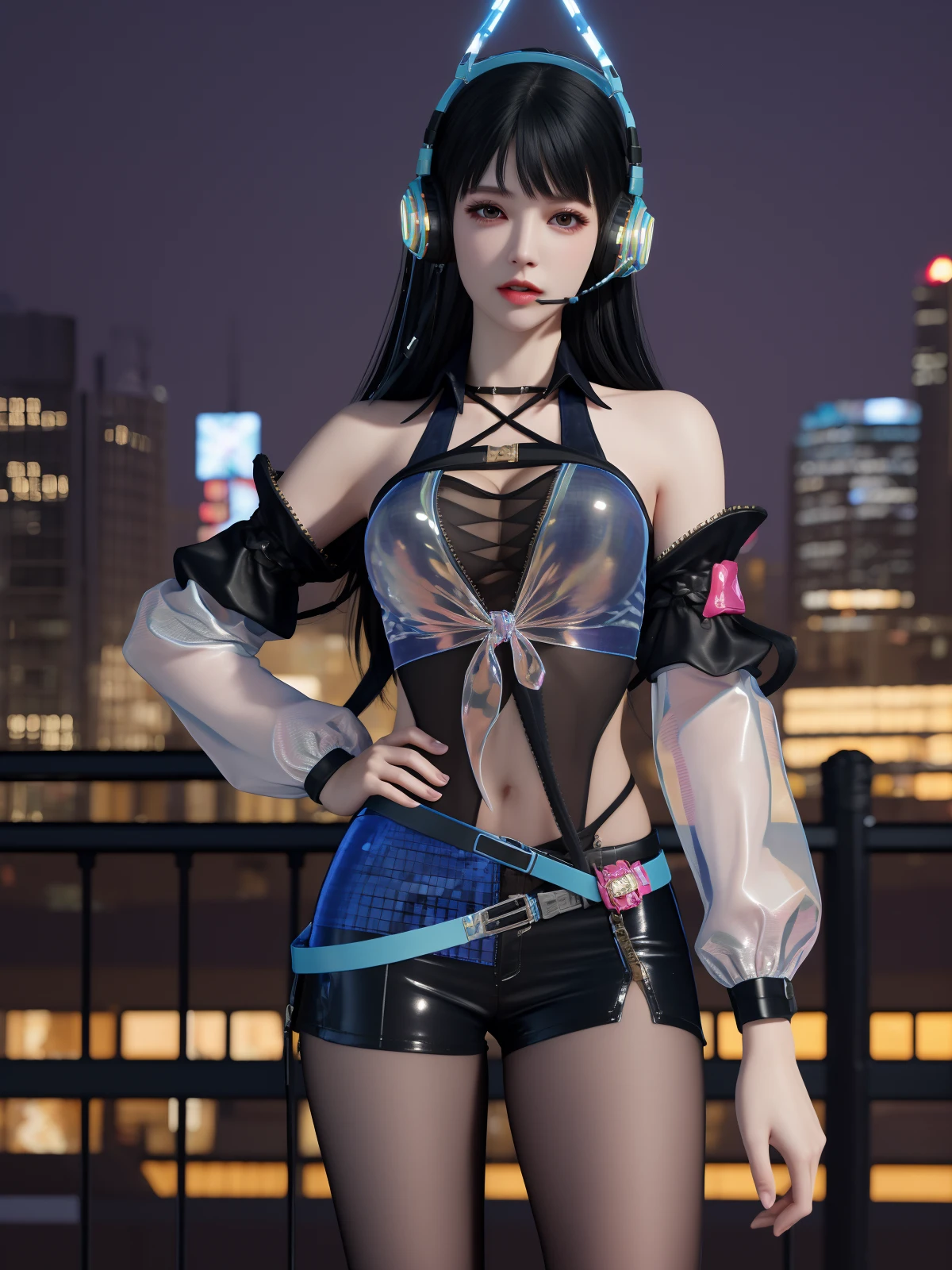 YJWJjiyingyingDL, 1girl, solo, long hair, black hair,headphones, socks, see-through, belt, bangs, zipper, bare shoulders, choker, jewelry,lips, breasts,detached sleeves, black pantyhose, shorts, <lora:YJWJjiyingyingDL:0.75>,cityscape, night,looking at viewer, mature female, hand on hip,