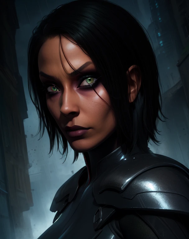 Trilla, short hair, green eyes, , eye shadow,
looking at viewer, serious, upper body, close up,
armor,gloves, tight, bodysuit, black cape, black pants,
raining,metal platform,night,
(insanely detailed, beautiful detailed face, masterpiece, best quality),
<lora:Trilla-10v5:0.8>