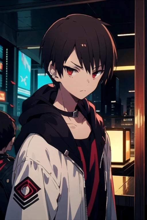 masterpiece, best quality, illustration, 1boy, solo, male focus, looking at viewer, upper body, depth of field, , , <lora:anya_kudou:0.70>, anya_kudou, brown hair, red eyes, vampire costume, cyberpunk,