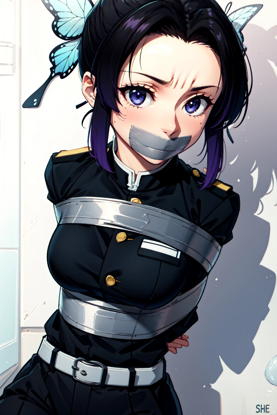 masterpiece, (best quality), perfect eyes, bound, bondage, (arms behind back:1.4), bdsm, tape gag, tape, tape bondage, close-up, restrained, best anatomy, curled up, upper body, <lora:TAPEvFINAL:1>, shinobu kochou, black hair, butterfly hair ornament, forehead, gradient hair, hair ornament, multicolored hair, parted bangs, purple hair, short hair, two-tone hair, belt, black pants, demon slayer uniform, japanese clothes, pants, uniform, <lora:shinobukochoutest:1>