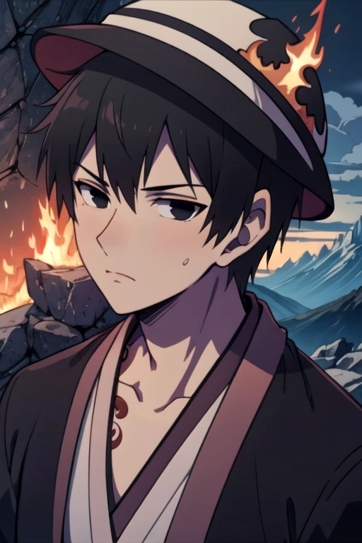 masterpiece, best quality, game cg, 1boy, solo, male focus, looking at viewer, upper body, depth of field, , realistic, <lora:kaikoku_onigasaki:0.72>, kaikoku_onigasaki, black hair, black eyes, , , cloche hat, The Mountain of Fire,